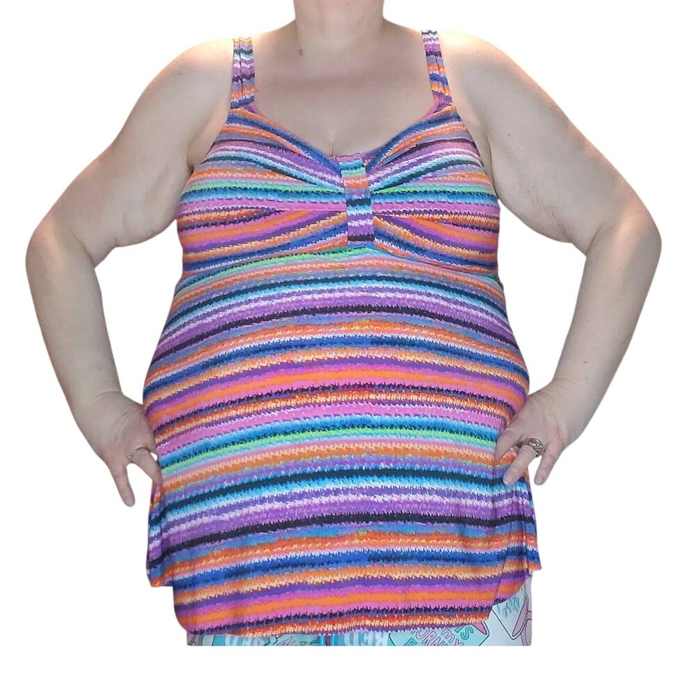 Trimshaper Tankini Swim Top Striped Size 14 Shelf Bra Orange Blue Purple